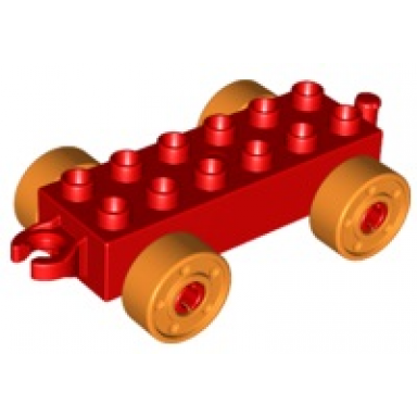 red duplo car base 2 x 6 with open hitch end and orange wheels with fake bolts