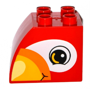 red duplo brick 2 x 3 x 2 slope curved with circled black eye with bright light orange arc bright light yellow and orange beak and white eye shadow parrot head pattern on both sides