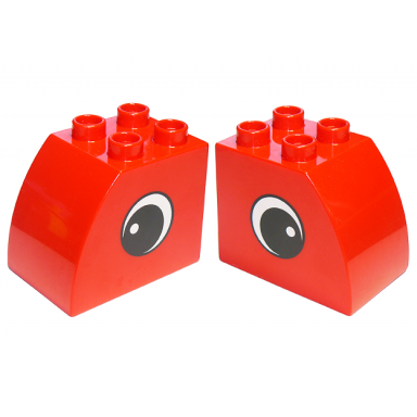red duplo brick 2 x 3 x 2 slope curved with circled black eye with white pupil pattern on both sides