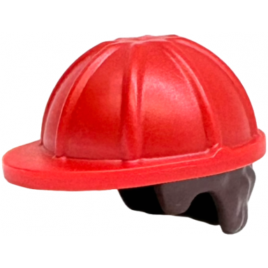 red minifigure hair combo hat with hair construction helmet with molded dark brown short curly hair pattern