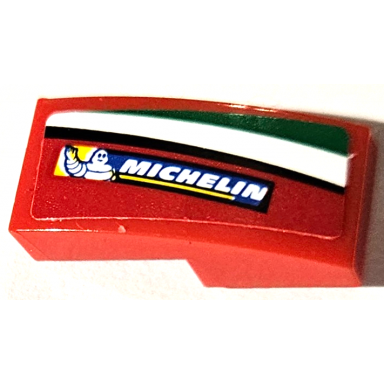 red slope curved 2 x 1 x 2 3 with michelin logo and black green and white stripes pattern model right side sticker - set 75889