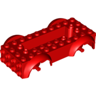 red vehicle base 5 x 10 x 2 1 2 with mudguards and 6 x 2 recessed center with 3 holes with same color wheels holders attached