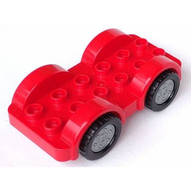 red duplo car base 2 x 6 with black tires with flat silver wheels on fixed axles
