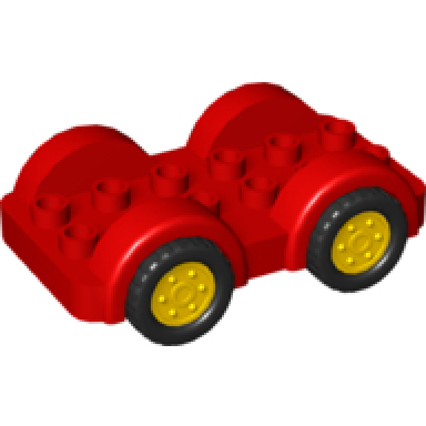 red duplo car base 2 x 6 with black tires and yellow wheels on fixed axles