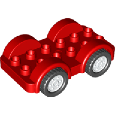 red duplo car base 2 x 6 with black tires and white wheels on fixed axles