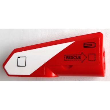red technic panel fairing 21 very small smooth side b with black rescue in arrow hatch and door handle on red and white stripe pattern sticker - set 42092