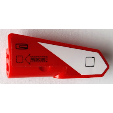 red technic panel fairing 22 very small smooth side a with black rescue in arrow hatch and door handle on red and white stripe pattern sticker - set 42092