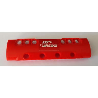 red technic panel curved 11 x 3 with 10 pin holes through panel surface with white ok lifting service and 42082 pattern sticker - set 42082