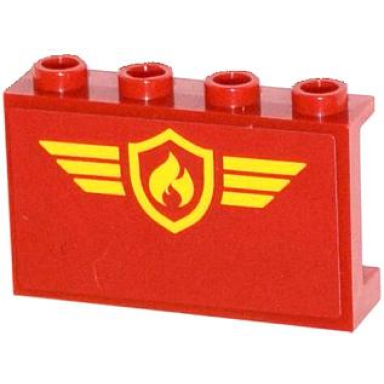 red panel 1 x 4 x 2 with side supports - hollow studs with yellow and red fire logo badge and yellow stripes pattern sticker - set 60061