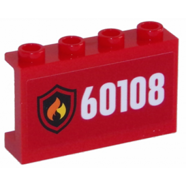 red panel 1 x 4 x 2 with side supports - hollow studs with fire logo and white 60108 on red background pattern sticker - set 60108