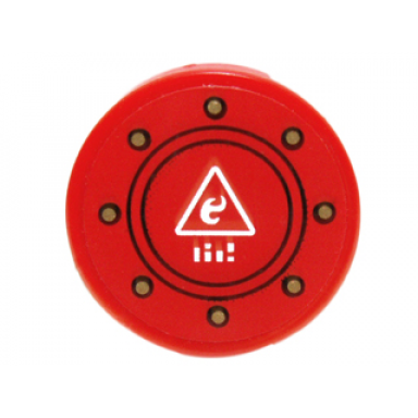 red tile round 2 x 2 with bottom stud holder with white triangle black circles and gold rivets pattern sticker - set 70147