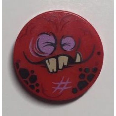 red tile round 2 x 2 with bottom stud holder with globlin face with 2 jagged teeth and 1 fang pattern