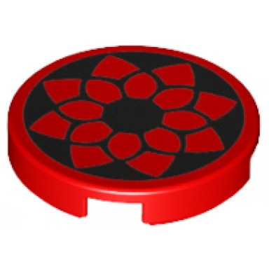 red tile round 2 x 2 with bottom stud holder with black floral outline pattern