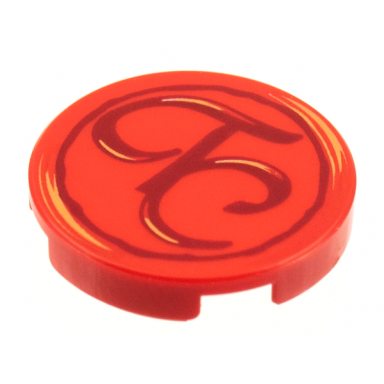 red tile round 2 x 2 with bottom stud holder with script tc pattern