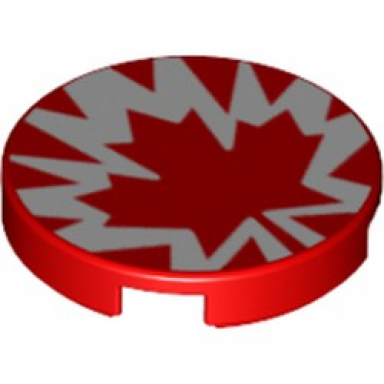 red tile round 2 x 2 with bottom stud holder with red and white maple leaf pattern