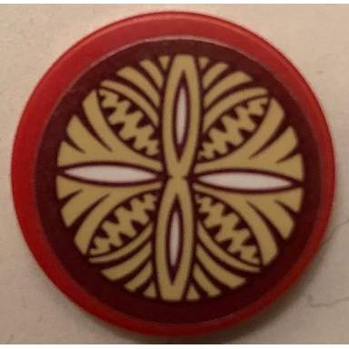 red tile round 2 x 2 with bottom stud holder with dark red tan and white hawaiian tribal pattern sticker - set 41149