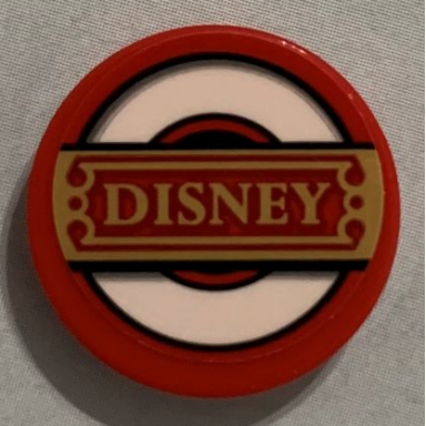 red tile round 2 x 2 with bottom stud holder with gold disney on white ring pattern sticker - set 71044