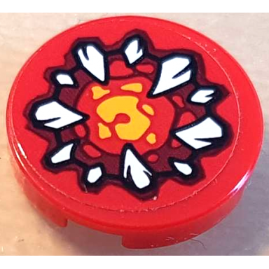 red tile round 2 x 2 with bottom stud holder with dark red and bright light orange maw with white fangs pattern sticker - set 70323