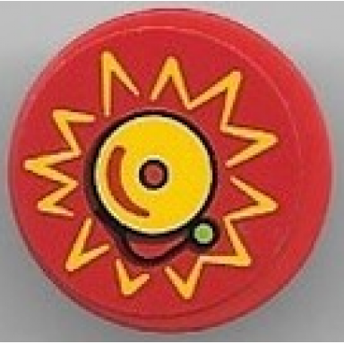 red tile round 2 x 2 with bottom stud holder with yellow high striker bell and zigzag lines pattern sticker - set 40529