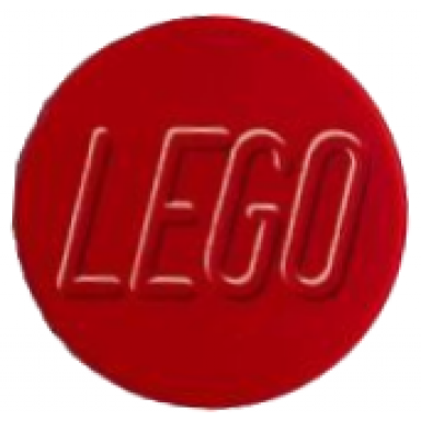 red tile round 2 x 2 with bottom stud holder with white lego logo outline rounded ends pattern