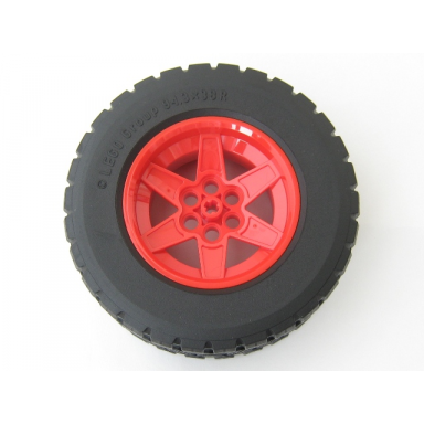 red wheel 56mm d x 34mm technic racing medium 6 pin holes with black tire 94.3 x 38 r 15038 92912