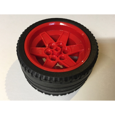 red wheel 56mm d x 34mm technic racing medium 6 pin holes with black tire 68.8 x 36 zr 15038 44771