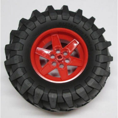red wheel 56mm d x 34mm technic racing medium 6 pin holes with black tire 107 x 44r 15038 23798