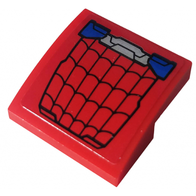 red slope curved 2 x 2 x 2 3 with black spider web and blue and silver hull plates pattern sticker - set 76148