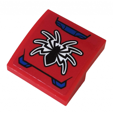 red slope curved 2 x 2 x 2 3 with black spider and blue hull plates pattern sticker - set 76163