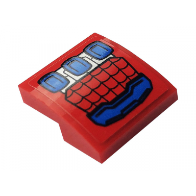 red slope curved 2 x 2 x 2 3 with blue and silver spider-man mech hand armor with web pattern sticker - set 76146