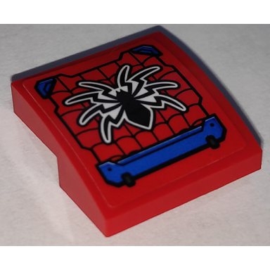 red slope curved 2 x 2 x 2 3 with black spider and webbing with blue hull plates pattern sticker - set 76151