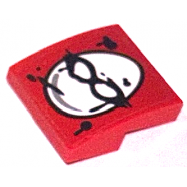red slope curved 2 x 2 x 2 3 with white egg with black goggles and paint splotches pattern sticker - set 60315