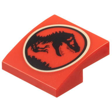 red slope curved 2 x 2 x 2 3 with black dinosaur in tan circle jurassic park logo pattern