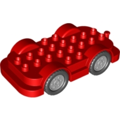 red duplo car base 4 x 8 with light bluish gray wheels with black tires