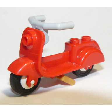 red scooter with pearl gold stand light bluish gray angular handlebars and white wheels