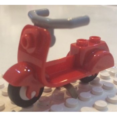 red scooter with dark tan stand light bluish gray angular handlebars and white wheels