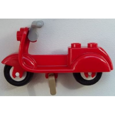 red scooter with dark tan stand light bluish gray handlebars and white wheels
