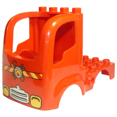 red duplo car body truck 4 x 4 flatbed with 4 top studs with headlights and fire logo pattern