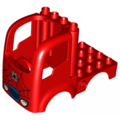 red duplo car body truck 4 x 4 flatbed with 4 top studs with headlights and spider-man logo pattern