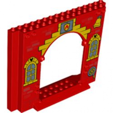 red panel 4 x 16 x 10 with curved yellow windows with bricks and mickey mouse logo fire logo badge yellow bell and hose reel pattern