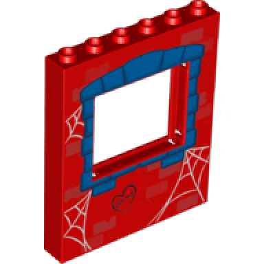 red panel 1 x 6 x 6 with window with spider webs blue stones frame and black pp mj in heart pattern