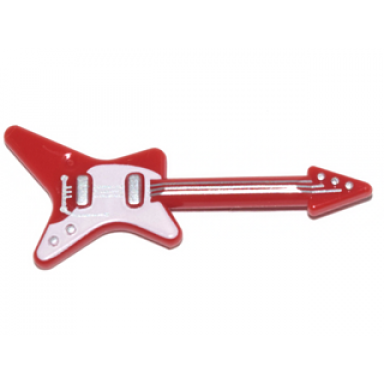 red minifigure utensil musical instrument guitar electric ml type with curved white pickguard and silver strings bridge and whammy bar pattern