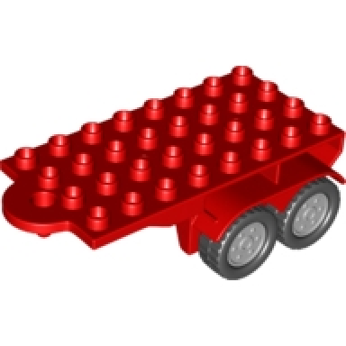 red duplo trailer flatbed 4 x 8 with hook and four black wheels with light bluish gray hubs