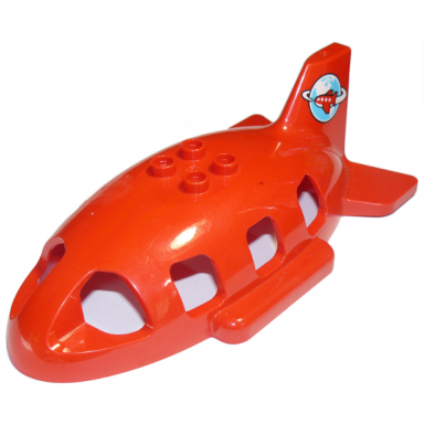 red duplo airplane midsize fuselage top with tail with airplane circling globe pattern