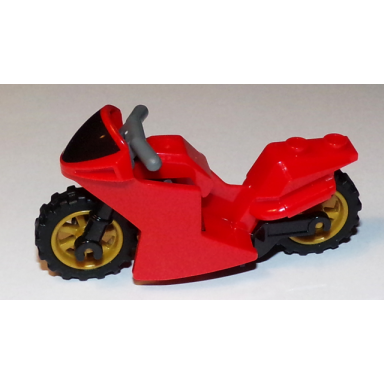 red motorcycle sport bike with black windshield pattern black frame pearl gold wheels and dark bluish gray handlebars