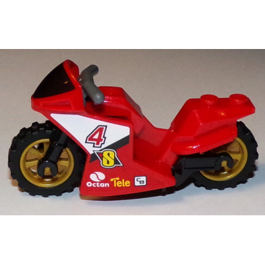 red motorcycle sport bike with black windshield pattern black frame pearl gold wheels and dark bluish gray handlebars with number 4 and octan logo pattern on both sides stickers - set 60084