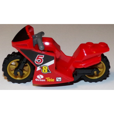 red motorcycle sport bike with black windshield pattern black frame pearl gold wheels and dark bluish gray handlebars with number 5 and octan logo pattern on both sides stickers - set 60084