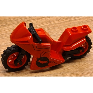 red motorcycle sport bike with black frame red wheels and black handlebars with batman logo pattern on both sides stickers - set 76055