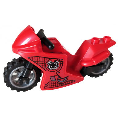 red motorcycle sport bike with black frame flat silver wheels and black handlebars with spider-man logo pattern on both sides stickers - set 76175