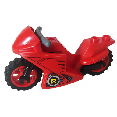red motorcycle sport bike with black frame red wheels and dark bluish gray handlebars with robin logo and vents pattern on both sides stickers - set 76159